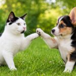 Elaino the cat and Archie the dog playing outside for a heartworm prevention article